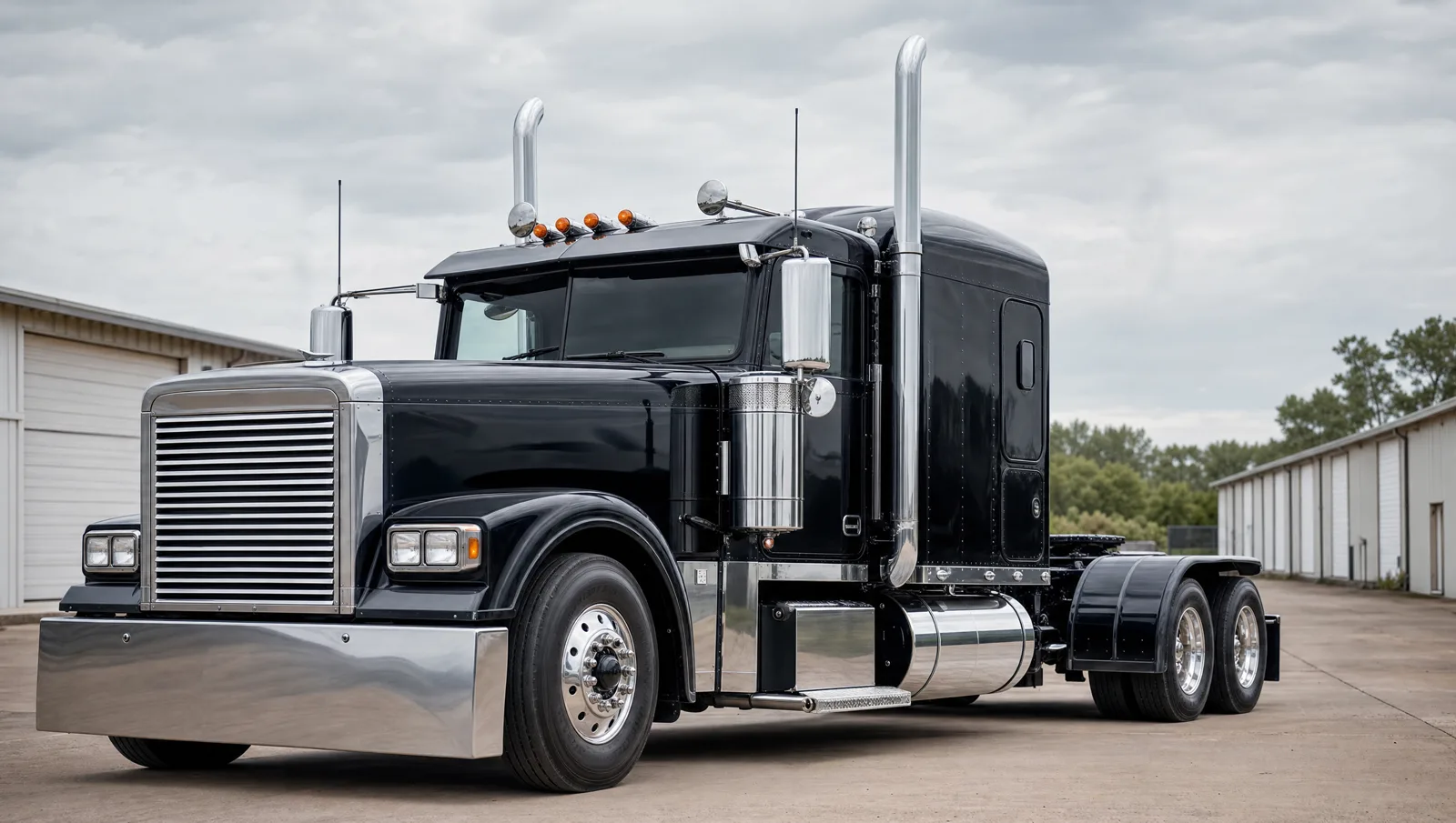 Black long-hood Freightliner Coronado tractor with chrome grille and twin stacks, parked on a concrete yard